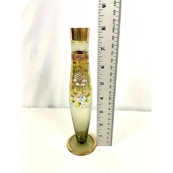 Antique Hand Painted Floral with Gold Trim Glass Bud Vase 8" - Picture 3 of 16